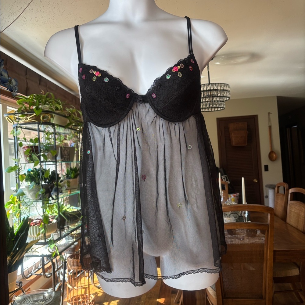 Vintage Sheer Black Embroidered Women’s Babydoll Chemise Size 36C